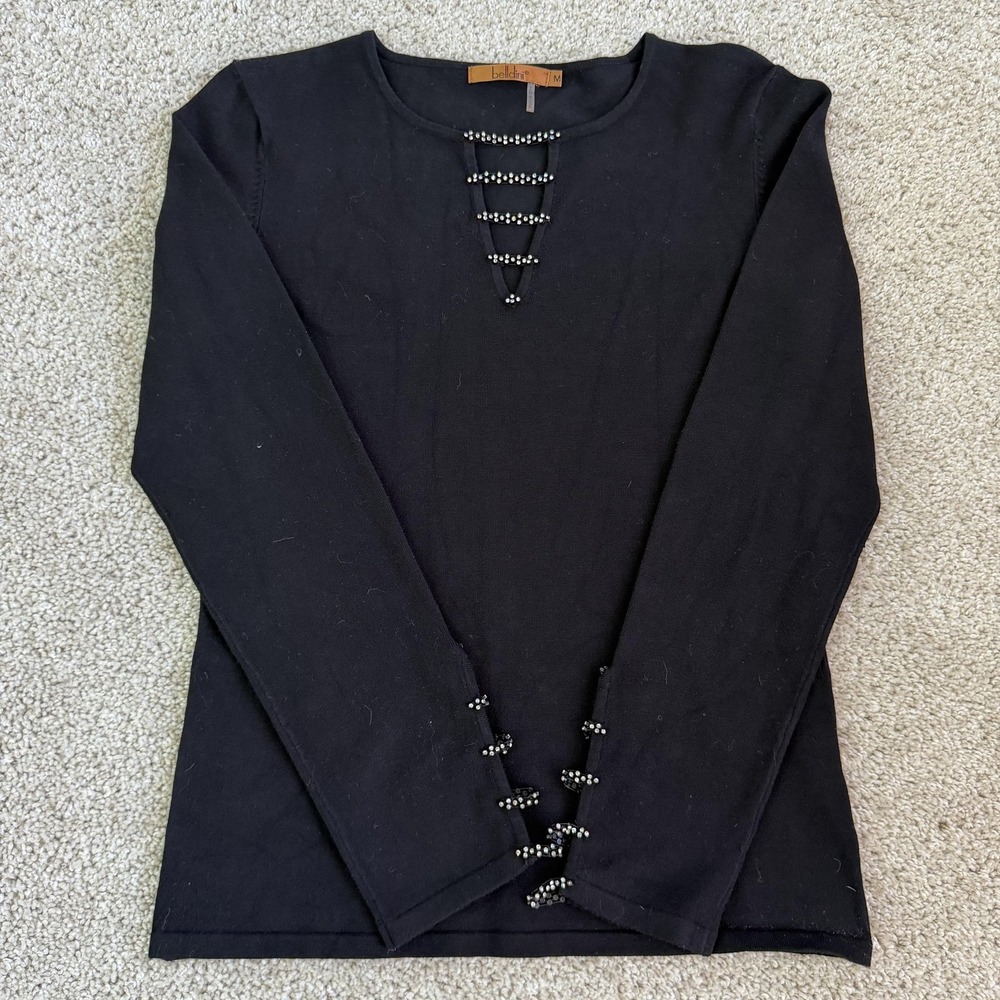 Belldini Sweater Womens Medium Black Crew Neck Rhinestone Knit Pullover Stretch